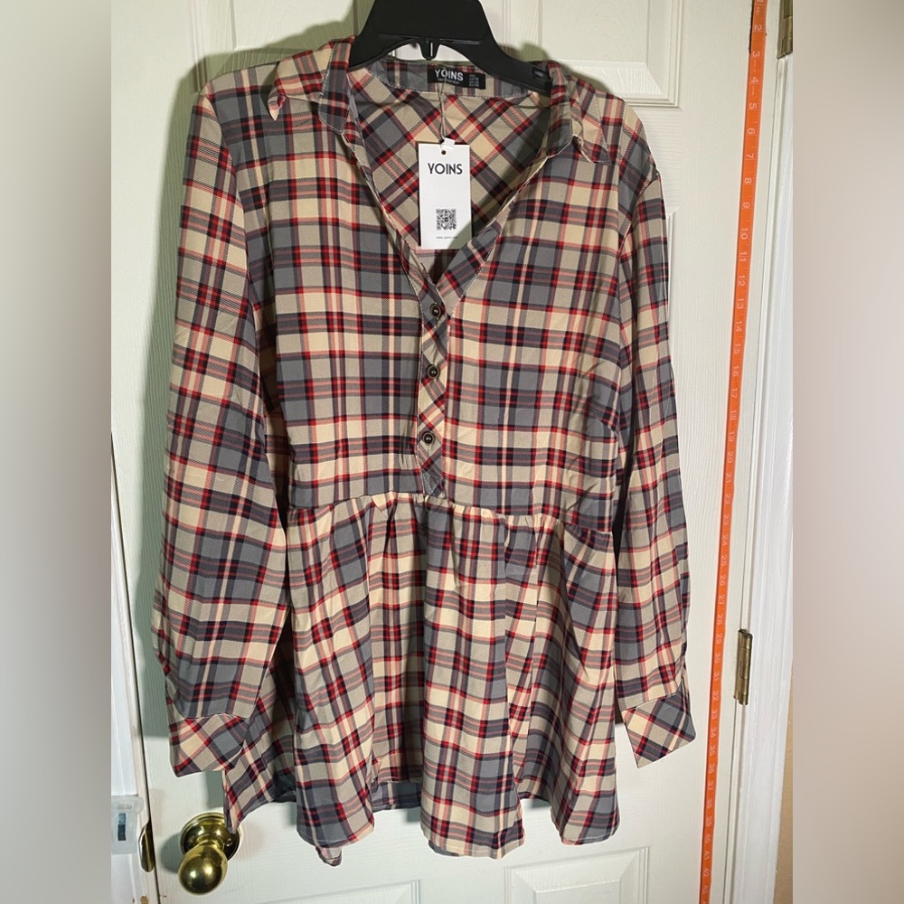 Yoins Your Inspiration Long Sleeve Top Blouse Plaid Women’s Sz 2XL 18 NWT.